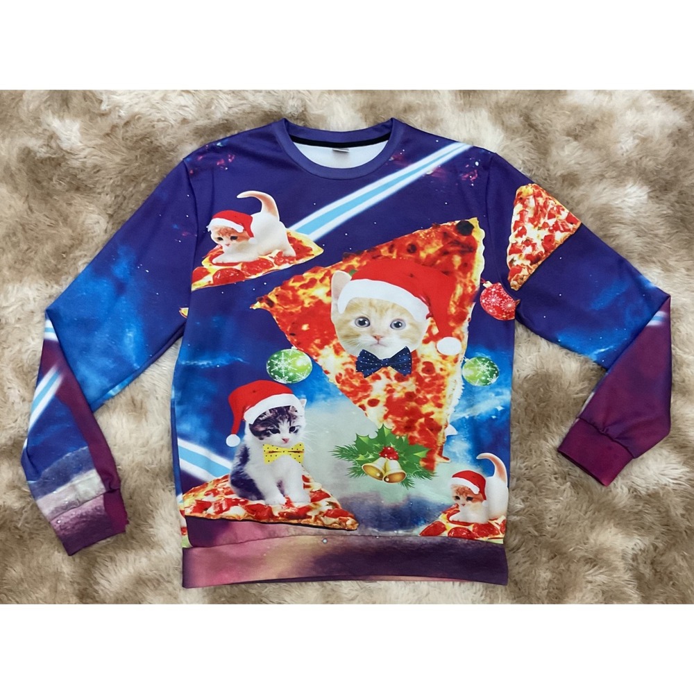Christmas Space Cat Pizza Galaxy Graphic Sweatshirt Purple Holiday Unisex L - Picture 1 of 5